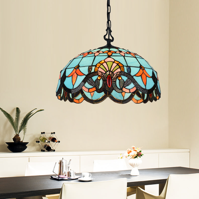 12"/16" W Blue Cut Glass Pendant Light Kit Domed 1 Light Mediterranean Suspension Lighting Fixture Blue Clearhalo 'Ceiling Lights' 'Industrial' 'Middle Century Pendants' 'Pendant Lights' 'Pendants' 'Tiffany close to ceiling' 'Tiffany Pendants' 'Tiffany' Lighting' 327533
