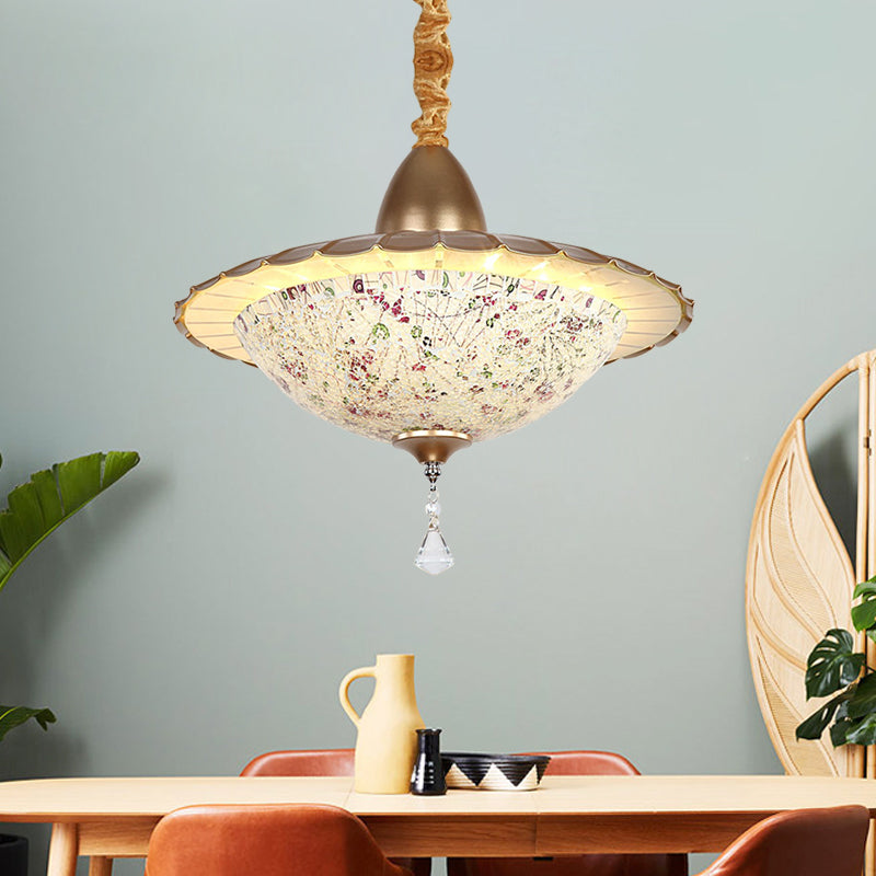 LED Bowl Chandelier Lighting Fixture Mediterranean White Cut Glass Suspension Pendant with Crystal Droplet Clearhalo 'Ceiling Lights' 'Chandeliers' 'Industrial' 'Middle Century Chandeliers' 'Tiffany Chandeliers' 'Tiffany close to ceiling' 'Tiffany' Lighting' 327729