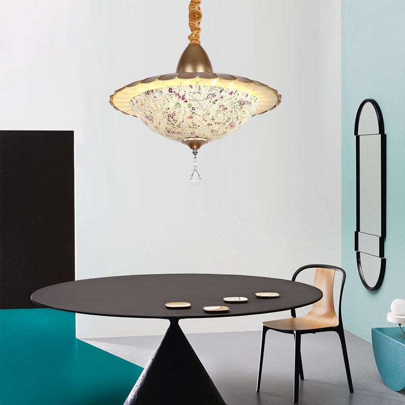 LED Bowl Chandelier Lighting Fixture Mediterranean White Cut Glass Suspension Pendant with Crystal Droplet Clearhalo 'Ceiling Lights' 'Chandeliers' 'Industrial' 'Middle Century Chandeliers' 'Tiffany Chandeliers' 'Tiffany close to ceiling' 'Tiffany' Lighting' 327730