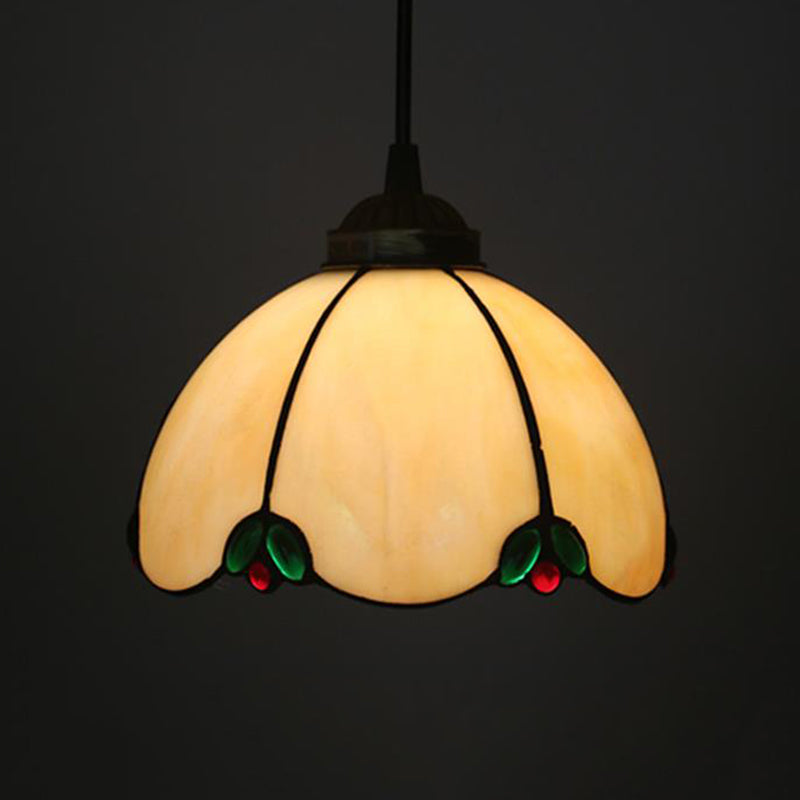Black 1 Light Hanging Pendant Baroque Beige/Blue/Green Glass Domed Shade Drop Lamp for Dining Room Beige Clearhalo 'Ceiling Lights' 'Chandeliers' 'Industrial' 'Middle Century Pendants' 'Pendant Lights' 'Pendants' 'Tiffany close to ceiling' 'Tiffany Pendants' 'Tiffany' Lighting' 327773