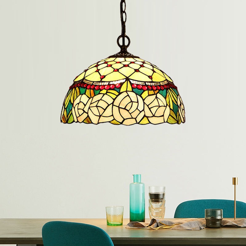 1/2 Lights Kitchen Chandelier Pendant Light Mediterranean Bronze Ceiling Lamp with Domed Red/Yellow Cut Glass Shade, 12"/16" W Yellow 12" Clearhalo 'Ceiling Lights' 'Chandeliers' 'Industrial' 'Middle Century Chandeliers' 'Tiffany Chandeliers' 'Tiffany close to ceiling' 'Tiffany' Lighting' 327953