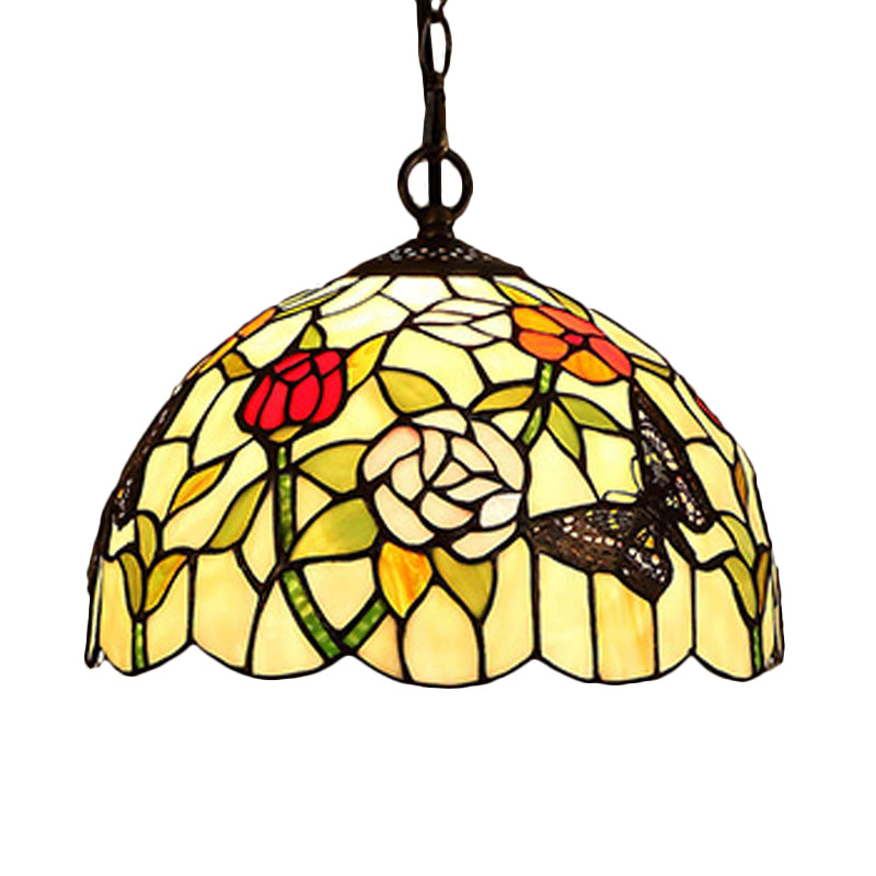 1/2 Lights Kitchen Chandelier Pendant Light Mediterranean Bronze Ceiling Lamp with Domed Red/Yellow Cut Glass Shade, 12"/16" W Red 12" Clearhalo 'Ceiling Lights' 'Chandeliers' 'Industrial' 'Middle Century Chandeliers' 'Tiffany Chandeliers' 'Tiffany close to ceiling' 'Tiffany' Lighting' 327960