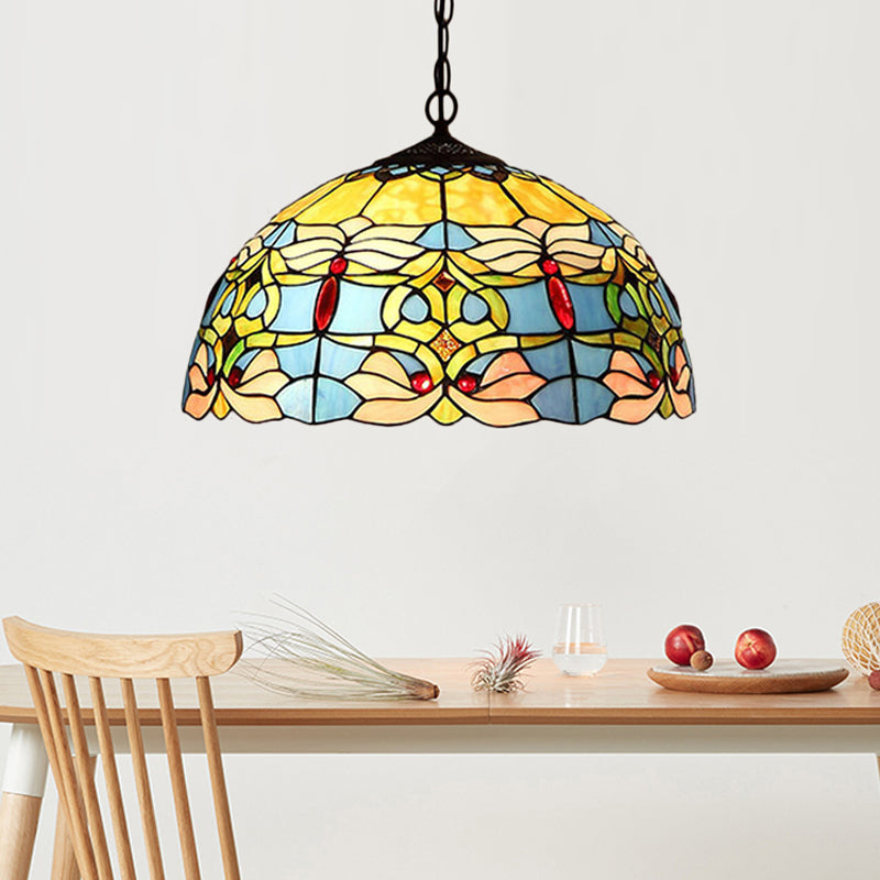 Bronze Flower Pendant Chandelier Victorian 2 Lights Red/Blue/Green Cut Glass Hanging Ceiling Light Clearhalo 'Ceiling Lights' 'Chandeliers' 'Industrial' 'Middle Century Chandeliers' 'Tiffany Chandeliers' 'Tiffany close to ceiling' 'Tiffany' Lighting' 328008
