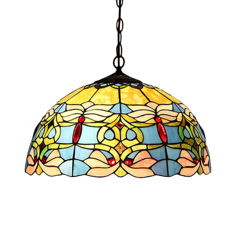 Bronze Flower Pendant Chandelier Victorian 2 Lights Red/Blue/Green Cut Glass Hanging Ceiling Light Clearhalo 'Ceiling Lights' 'Chandeliers' 'Industrial' 'Middle Century Chandeliers' 'Tiffany Chandeliers' 'Tiffany close to ceiling' 'Tiffany' Lighting' 328010