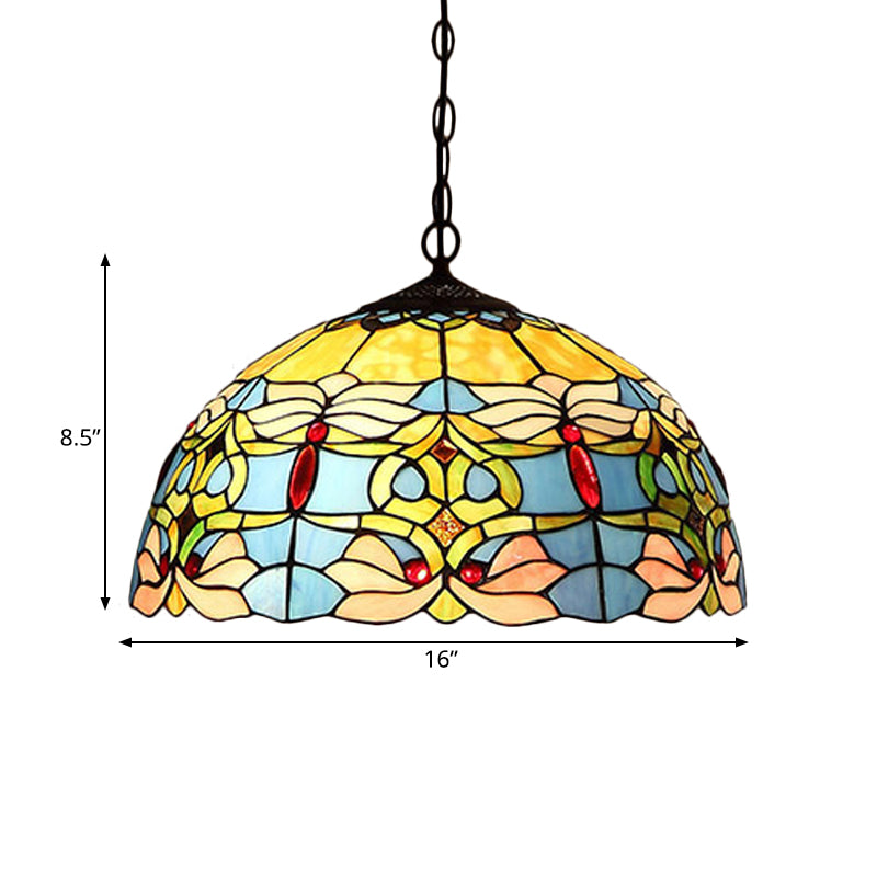 Bronze Flower Pendant Chandelier Victorian 2 Lights Red/Blue/Green Cut Glass Hanging Ceiling Light Clearhalo 'Ceiling Lights' 'Chandeliers' 'Industrial' 'Middle Century Chandeliers' 'Tiffany Chandeliers' 'Tiffany close to ceiling' 'Tiffany' Lighting' 328011