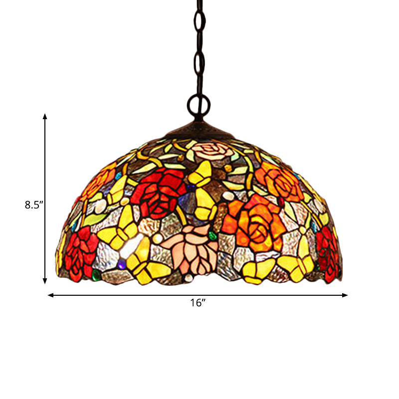 Bronze Flower Pendant Chandelier Victorian 2 Lights Red/Blue/Green Cut Glass Hanging Ceiling Light Clearhalo 'Ceiling Lights' 'Chandeliers' 'Industrial' 'Middle Century Chandeliers' 'Tiffany Chandeliers' 'Tiffany close to ceiling' 'Tiffany' Lighting' 328017