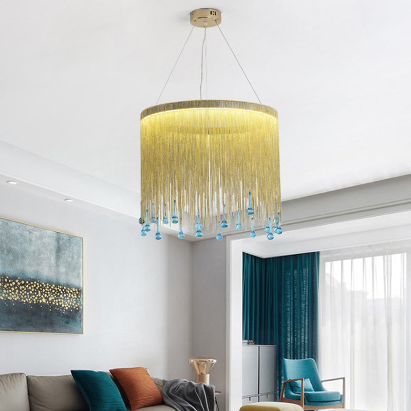 LED Metal Chandelier Light Fixture Countryside Silver/Gold Chain Fringe Living Room Ceiling Hang Fixture,16"/19.5"/23.5" Wide Gold Clearhalo 'Ceiling Lights' 'Chandeliers' Lighting' options 328401_45ce951e-687b-40b1-9436-4cb95e86207c