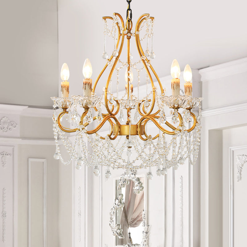 Rustic Candle-Style Chandelier 5 Lights Crystal Suspension Lamp in Gold for Living Room Gold Clearhalo 'Ceiling Lights' 'Chandeliers' Lighting' options 328955_9ae1a9e2-236e-45c9-958c-cd52070e232d