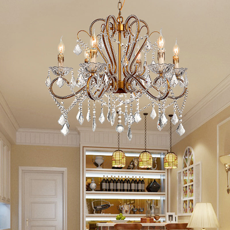 6/8 Lights Curving Chandelier Lighting Rural Style Brass Crystal Hanging Ceiling Light for Living Room 6 Brass Clearhalo 'Ceiling Lights' 'Chandeliers' Lighting' options 329012_725f19b2-c783-4fdc-a7b3-002992c382e4