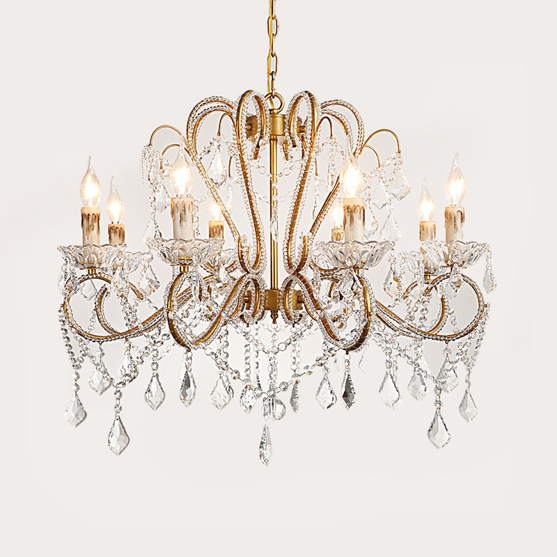 6/8 Lights Curving Chandelier Lighting Rural Style Brass Crystal Hanging Ceiling Light for Living Room Clearhalo 'Ceiling Lights' 'Chandeliers' Lighting' options 329017