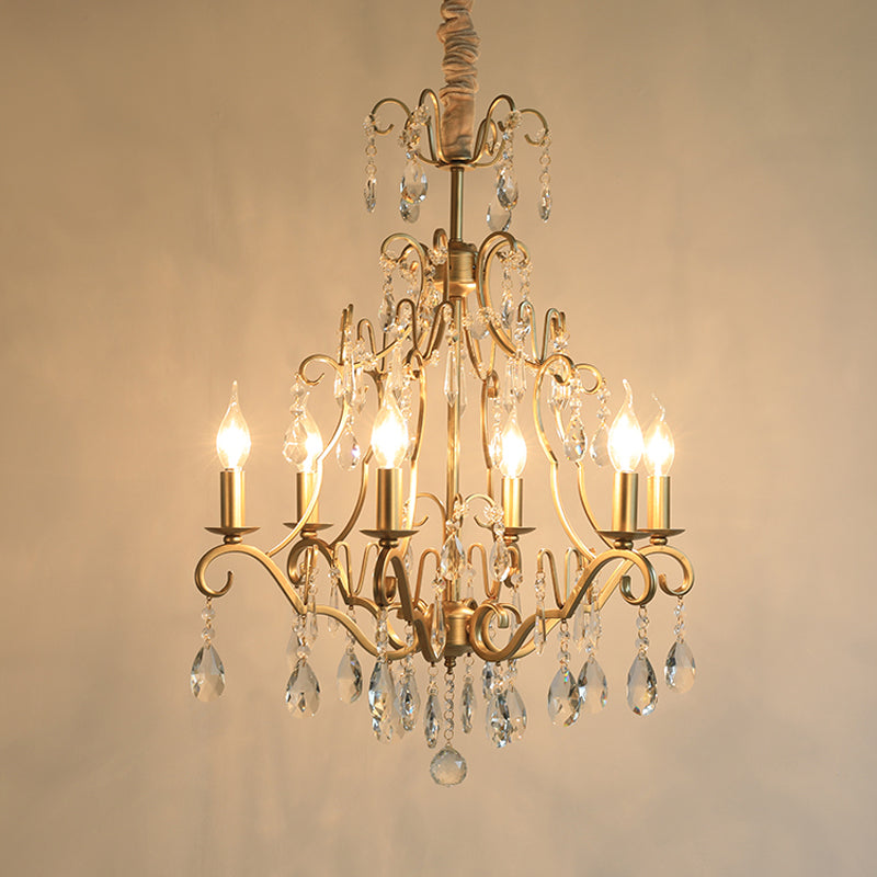 6 Lights Chandelier Lamp Lodge Curvy Arm Crystal Pendant Light Fixture in Gold for Bedroom Clearhalo 'Ceiling Lights' 'Chandeliers' Lighting' options 329019