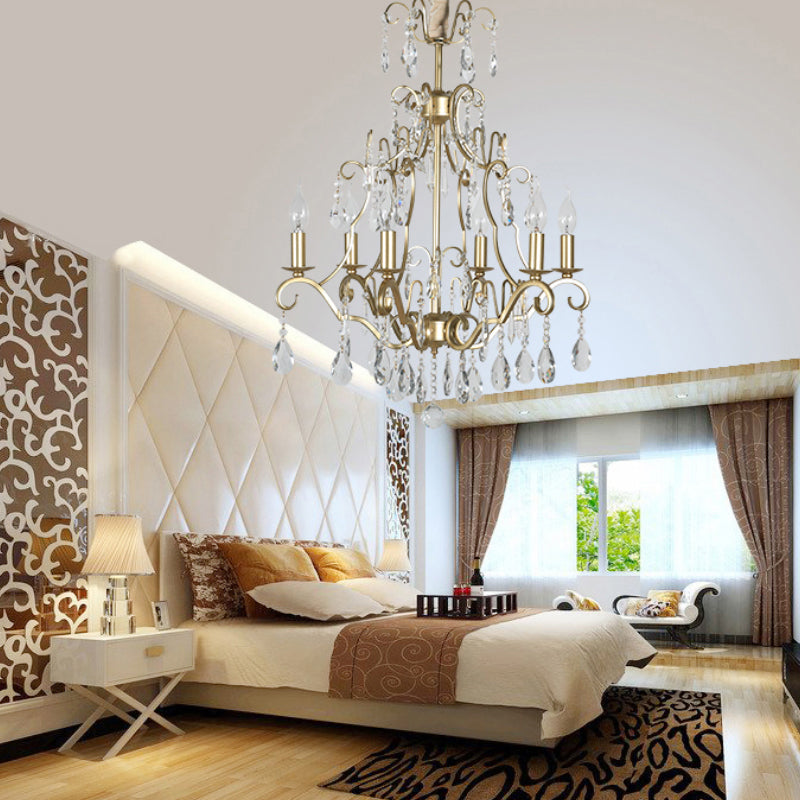6 Lights Chandelier Lamp Lodge Curvy Arm Crystal Pendant Light Fixture in Gold for Bedroom Clearhalo 'Ceiling Lights' 'Chandeliers' Lighting' options 329021