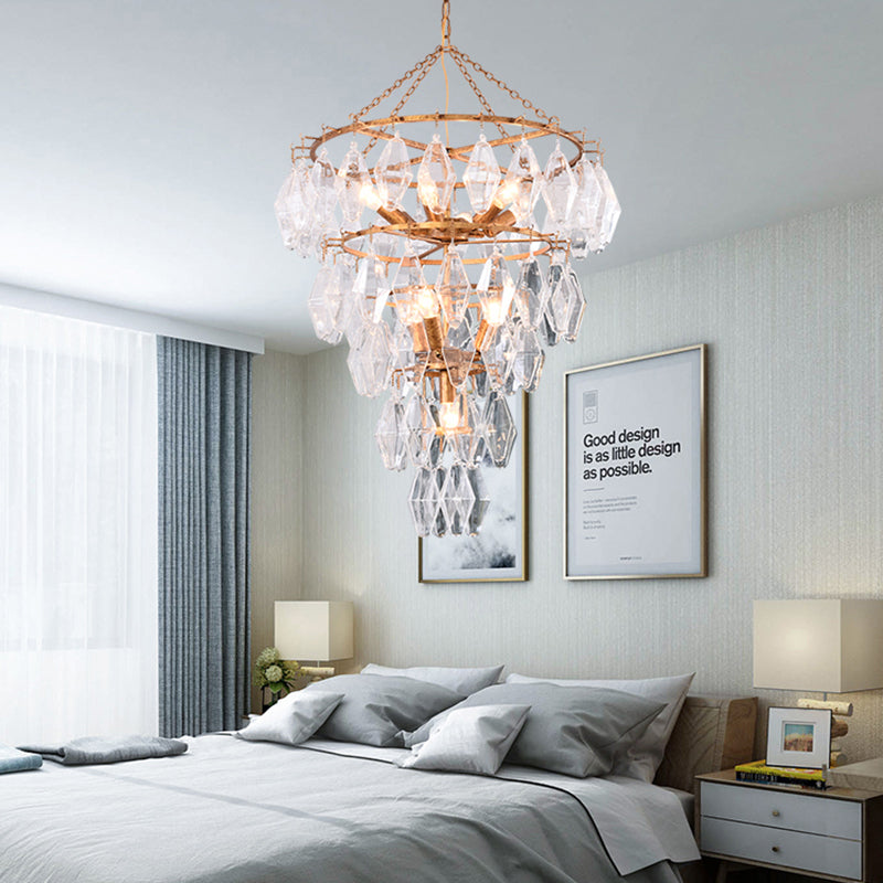 Gold Conical Chandelier Light Rustic Crystal 10 Lights Living Room Suspension Pendant Clearhalo 'Ceiling Lights' 'Chandeliers' Lighting' options 329116
