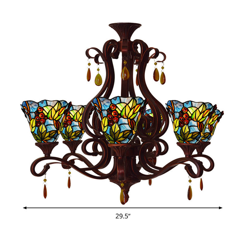 6 Lights Bedroom Ceiling Chandelier Victorian Red/Pink/Blue Drop Pendant with Floral Stained Glass Shade Clearhalo 'Ceiling Lights' 'Chandeliers' 'Industrial' 'Middle Century Chandeliers' 'Tiffany Chandeliers' 'Tiffany close to ceiling' 'Tiffany' Lighting' 330431