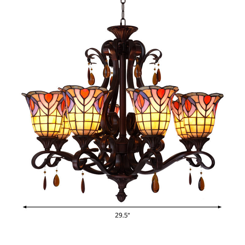 6 Lights Bedroom Ceiling Chandelier Victorian Red/Pink/Blue Drop Pendant with Floral Stained Glass Shade Clearhalo 'Ceiling Lights' 'Chandeliers' 'Industrial' 'Middle Century Chandeliers' 'Tiffany Chandeliers' 'Tiffany close to ceiling' 'Tiffany' Lighting' 330435