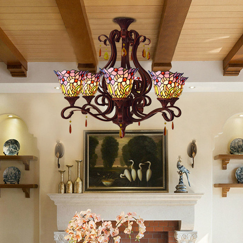 6 Lights Bedroom Ceiling Chandelier Victorian Red/Pink/Blue Drop Pendant with Floral Stained Glass Shade Clearhalo 'Ceiling Lights' 'Chandeliers' 'Industrial' 'Middle Century Chandeliers' 'Tiffany Chandeliers' 'Tiffany close to ceiling' 'Tiffany' Lighting' 330437