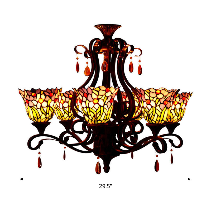 6 Lights Bedroom Ceiling Chandelier Victorian Red/Pink/Blue Drop Pendant with Floral Stained Glass Shade Clearhalo 'Ceiling Lights' 'Chandeliers' 'Industrial' 'Middle Century Chandeliers' 'Tiffany Chandeliers' 'Tiffany close to ceiling' 'Tiffany' Lighting' 330439
