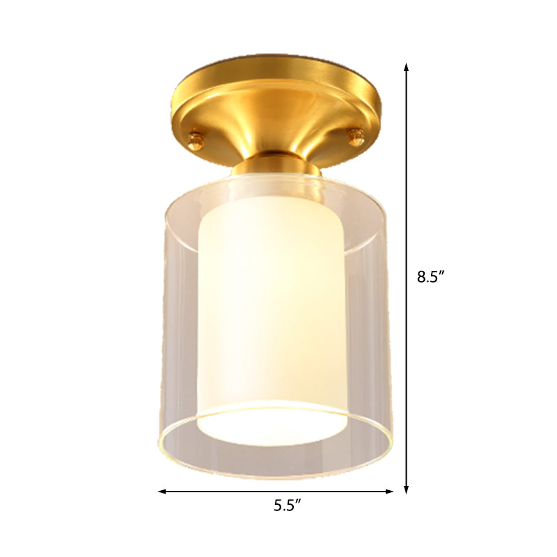 Gold Finish Cylindrical Semi Flush Ceiling Light Glass Simple 1 Bulb Semi-Flush Mount Light for Hall Clearhalo 'Ceiling Lights' 'Close To Ceiling Lights' 'Close to ceiling' 'Flush mount' Lighting' 330551