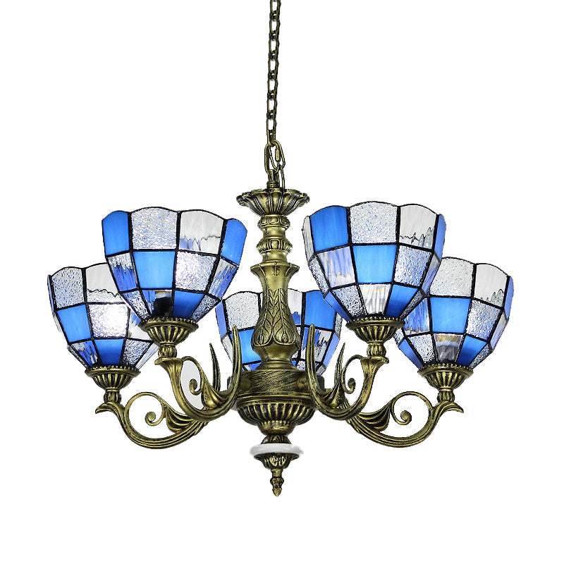Domed Chandelier 5/9/11 Lights Blue/Textured White Glass Baroque Ceiling Pendant Light in Bronze for Bedroom Clearhalo 'Ceiling Lights' 'Chandeliers' 'Industrial' 'Middle Century Chandeliers' 'Tiffany Chandeliers' 'Tiffany close to ceiling' 'Tiffany' Lighting' 330578