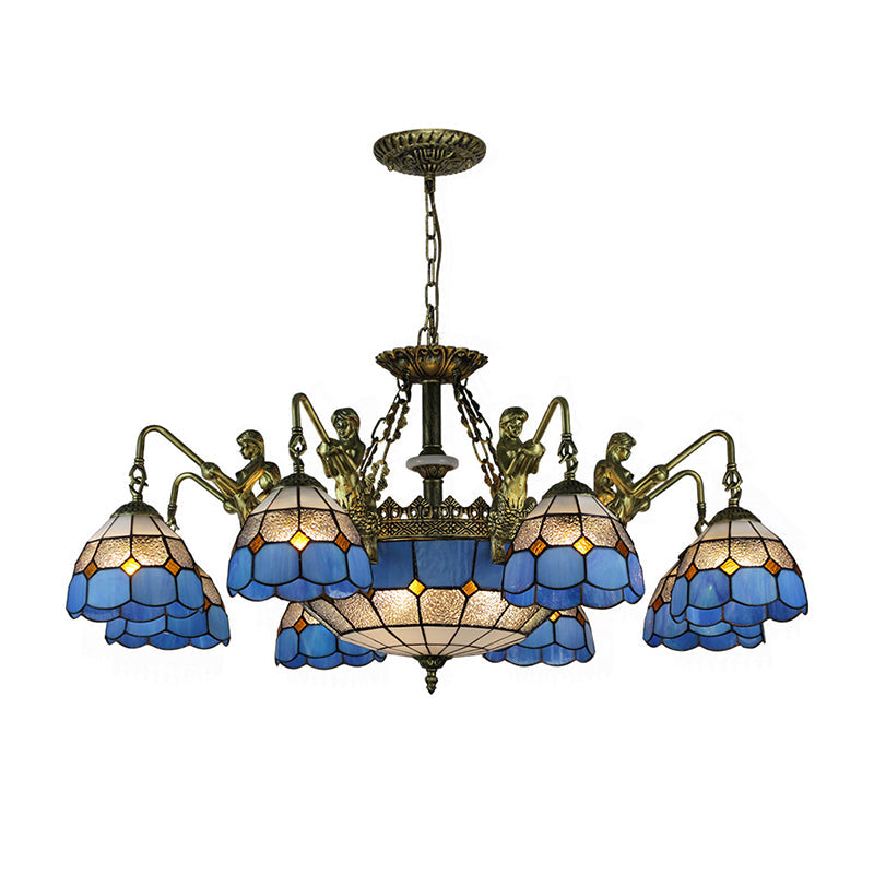 Blue Stained Glass Chandelier Lighting Fixture Grid Patterned 5/9/11 Lights Baroque Suspension Lamp Clearhalo 'Ceiling Lights' 'Chandeliers' 'Industrial' 'Middle Century Chandeliers' 'Tiffany Chandeliers' 'Tiffany close to ceiling' 'Tiffany' Lighting' 330619
