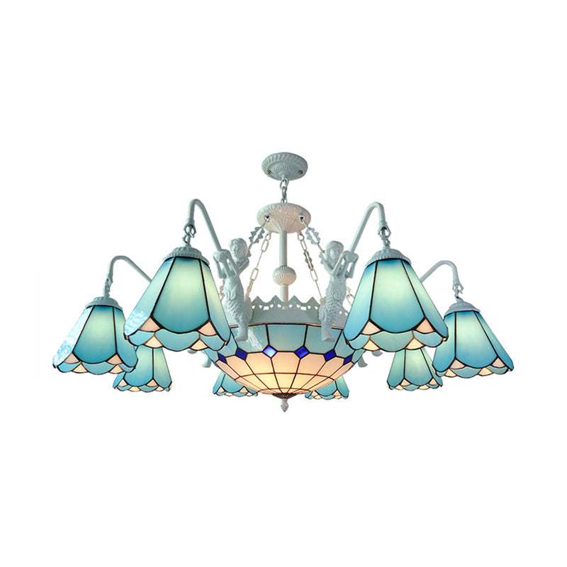 Stained Glass Cone Pendant Chandelier Baroque 7/9 Lights Yellow/Blue Hanging Light Kit for Living Room 9 Blue Clearhalo 'Ceiling Lights' 'Chandeliers' 'Industrial' 'Middle Century Chandeliers' 'Tiffany Chandeliers' 'Tiffany close to ceiling' 'Tiffany' Lighting' 330634
