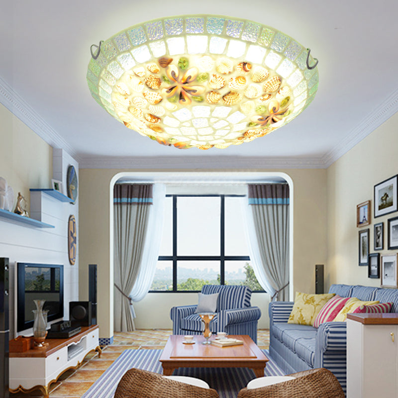 LED Bowl Shade Flush Mount Lamp Tiffany-Style Beige Shell Ceiling Light Fixture for Bedroom, 12"/16"/19.5" Wide Beige Clearhalo 'Ceiling Lights' 'Close To Ceiling Lights' 'Close to ceiling' 'Flush mount' Lighting' 330695