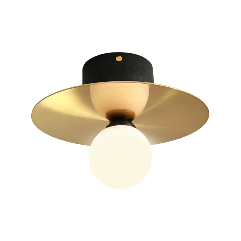 Milk Glass Globe Light Fixture Ceiling with Golden Disk Contemporary 1 Bulb Ceiling Light for Living Room Clearhalo 'Ceiling Lights' 'Close To Ceiling Lights' 'Close to ceiling' 'Flush mount' Lighting' 330715