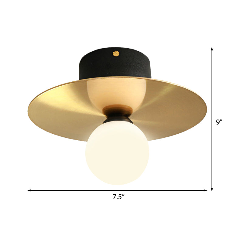 Milk Glass Globe Light Fixture Ceiling with Golden Disk Contemporary 1 Bulb Ceiling Light for Living Room Clearhalo 'Ceiling Lights' 'Close To Ceiling Lights' 'Close to ceiling' 'Flush mount' Lighting' 330716