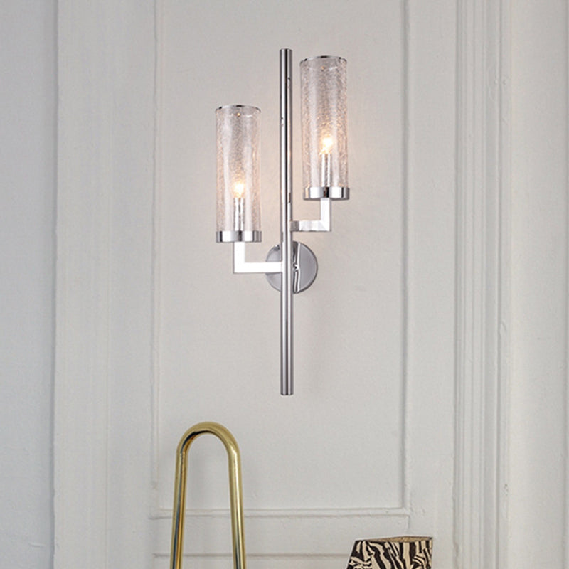 Chrome Armed Wall Lamp Modern 2 Bulbs Metal Sconce Light Fixture with Crackle Glass Shade Clearhalo 'Cast Iron' 'Glass' 'Industrial' 'Modern wall lights' 'Modern' 'Tiffany' 'Traditional wall lights' 'Wall Lamps & Sconces' 'Wall Lights' Lighting' 330927