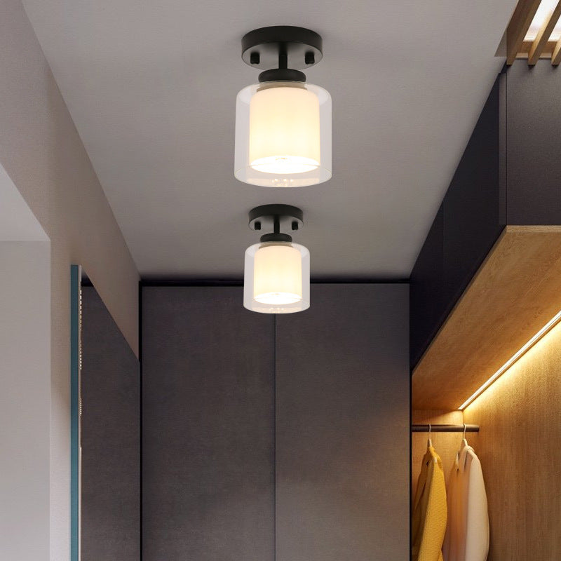 Black/Silver/Gold Finish Cylinder Semi Flush Ceiling Light with Glass Shade Contemporary 1 Bulb Semi Flush Light Fixture Black Clearhalo 'Ceiling Lights' 'Close To Ceiling Lights' 'Close to ceiling' 'Glass shade' 'Glass' Lighting' 330947