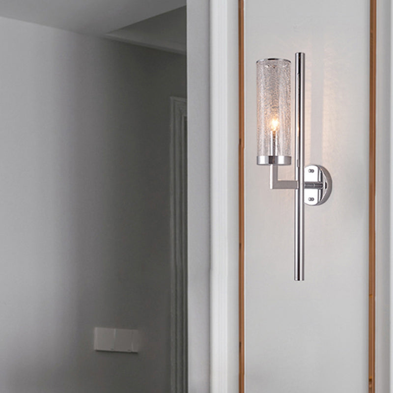 Armed Wall Lamp Modern Metal 1 Head Chrome Sconce Light Fixture with Crackle Glass Shade Clearhalo 'Cast Iron' 'Glass' 'Industrial' 'Modern wall lights' 'Modern' 'Tiffany' 'Traditional wall lights' 'Wall Lamps & Sconces' 'Wall Lights' Lighting' 331046