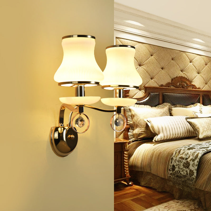 White Glass Flared Sconce Light Modernist 2 Bulbs Wall Mounted Lighting in Gold with Metal Arm Gold Clearhalo 'Cast Iron' 'Glass' 'Industrial' 'Modern wall lights' 'Modern' 'Tiffany' 'Traditional wall lights' 'Wall Lamps & Sconces' 'Wall Lights' Lighting' 331126