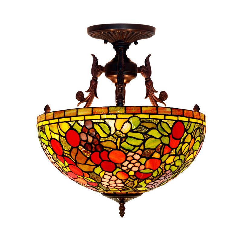 3 Lights Semi Flush Mediterranean Flower White/Red/Yellow Stained Glass Ceiling Mounted Light for Bedroom Green Clearhalo 'Ceiling Lights' 'Chandeliers' 'Close To Ceiling Lights' 'Close to ceiling' 'Glass shade' 'Glass' 'Semi-flushmount' 'Tiffany close to ceiling' 'Tiffany' Lighting' 331202