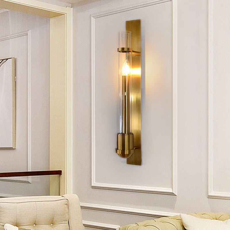 Contemporary 1 Bulb Wall Lighting Gold Tube Sconce Light Fixture with Clear Glass Shade Clearhalo 'Cast Iron' 'Glass' 'Industrial' 'Modern wall lights' 'Modern' 'Tiffany' 'Traditional wall lights' 'Wall Lamps & Sconces' 'Wall Lights' Lighting' 331212