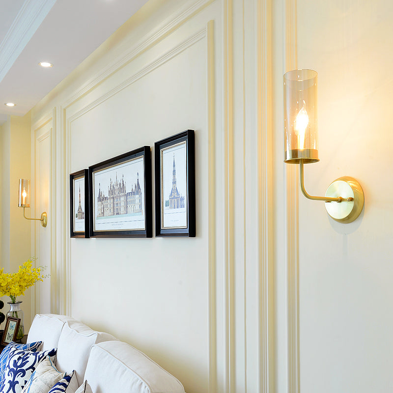 Metal Curvy Arm Wall Lamp Simple 1 Head Brass Sconce Light Fixture with Clear Glass Shade Clearhalo 'Cast Iron' 'Glass' 'Industrial' 'Modern wall lights' 'Modern' 'Tiffany' 'Traditional wall lights' 'Wall Lamps & Sconces' 'Wall Lights' Lighting' 331218