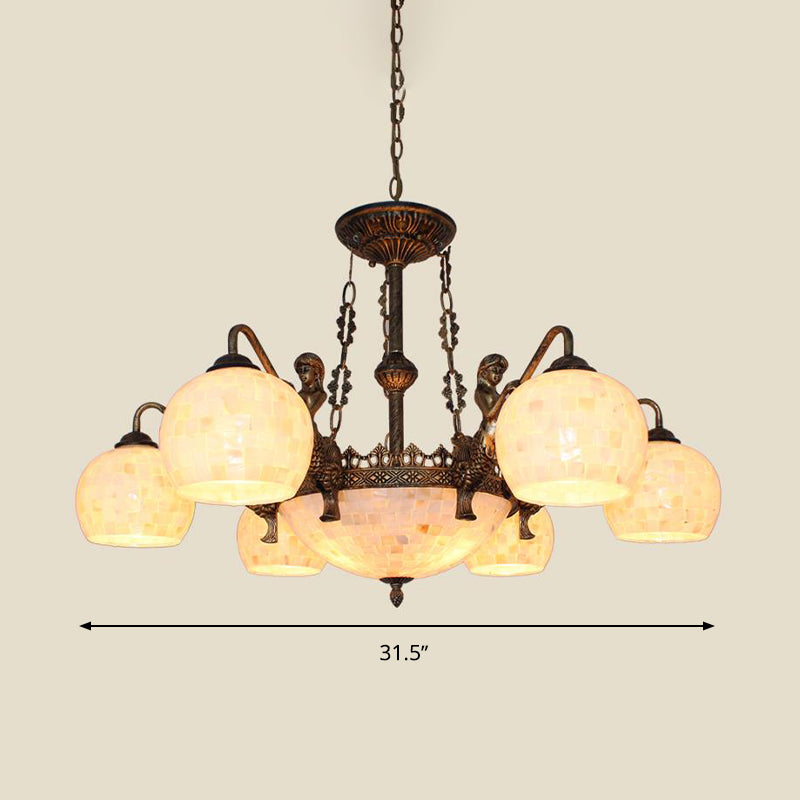 Spherical Shell Ceiling Chandelier Tiffany Style 5/9/11 Lights Bronze Suspension Lighting Clearhalo 'Ceiling Lights' 'Chandeliers' 'Industrial' 'Middle Century Chandeliers' 'Tiffany Chandeliers' 'Tiffany close to ceiling' 'Tiffany' Lighting' 331299