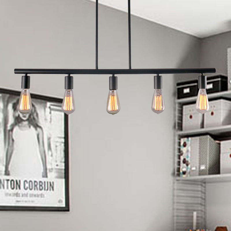 Black Finish Linear Island Lamp Vintage Style 5-Head Metallic Hanging Island Light with Bare Bulb for Dining Room Black Clearhalo 'Ceiling Lights' 'Island Lights' Lighting' 331328