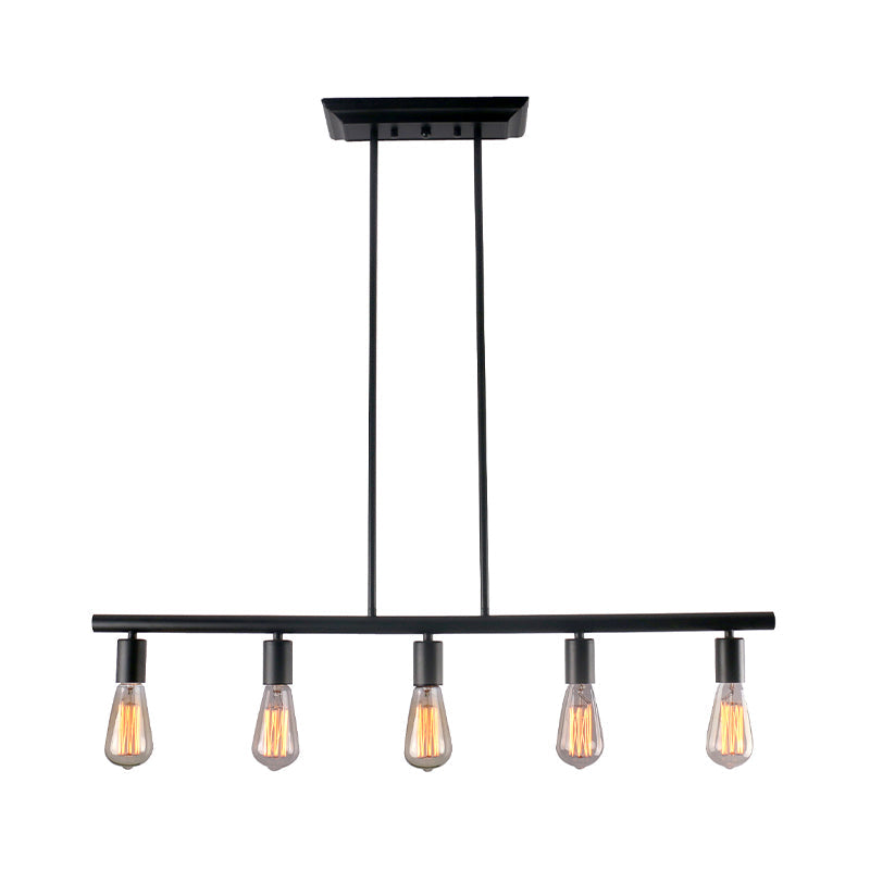 Black Finish Linear Island Lamp Vintage Style 5-Head Metallic Hanging Island Light with Bare Bulb for Dining Room Clearhalo 'Ceiling Lights' 'Island Lights' Lighting' 331331