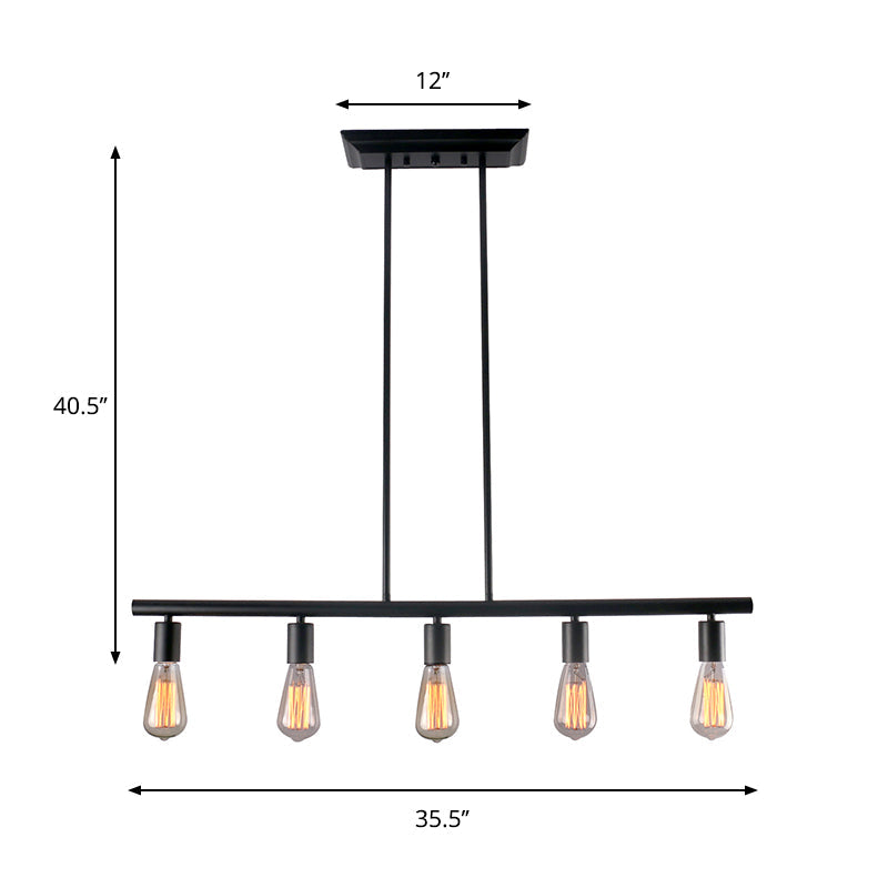 Black Finish Linear Island Lamp Vintage Style 5-Head Metallic Hanging Island Light with Bare Bulb for Dining Room Clearhalo 'Ceiling Lights' 'Island Lights' Lighting' 331332