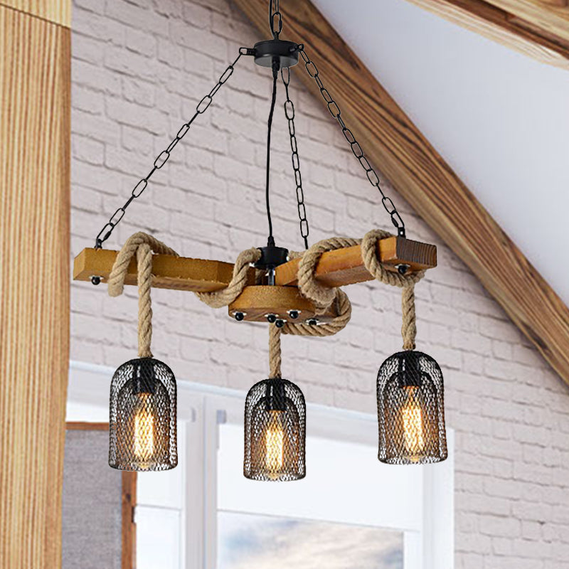 Wire Mesh Restaurant Ceiling Fixture Wood and Rope 3/6 Lights Lodge Stylish Pendant Lighting with Base in Brown Clearhalo 'Carpenter Chandeliers' 'Ceiling Lights' 'Chandeliers' 'Industrial Chandeliers' 'Industrial' 'Middle Century Chandeliers' 'Modern' 'Tiffany' Lighting' 331379