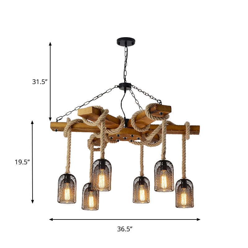Wire Mesh Restaurant Ceiling Fixture Wood and Rope 3/6 Lights Lodge Stylish Pendant Lighting with Base in Brown Clearhalo 'Carpenter Chandeliers' 'Ceiling Lights' 'Chandeliers' 'Industrial Chandeliers' 'Industrial' 'Middle Century Chandeliers' 'Modern' 'Tiffany' Lighting' 331386