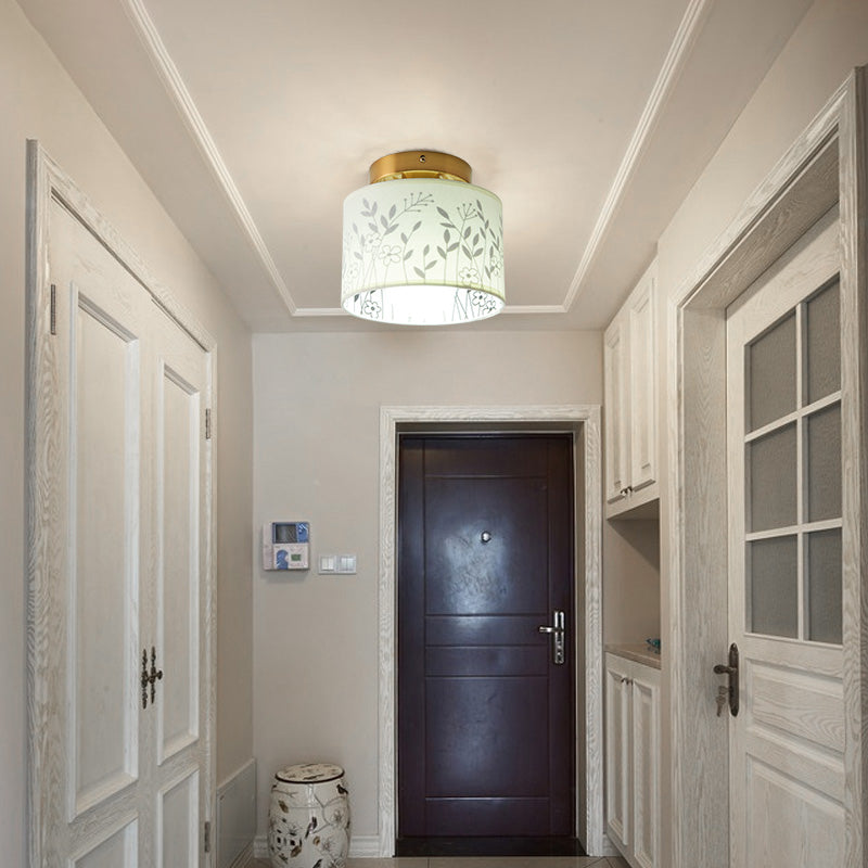 Fabric Cylinder Flush Mount Fixture with Flower/Deer Pattern Nordic 1 Bulb Flush Mount Ceiling Light for Foyer Clearhalo 'Ceiling Lights' 'Close To Ceiling Lights' 'Close to ceiling' 'Semi-flushmount' Lighting' 331451