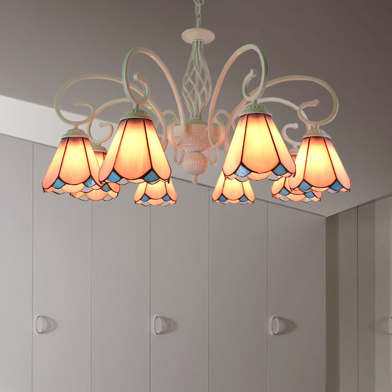 Arched Chandelier Lighting Fixture 5/6/8 Lights White/Blue Glass Tiffany Stylish Hanging Pendant for Bedroom 8 White Clearhalo 'Ceiling Lights' 'Chandeliers' 'Industrial' 'Middle Century Chandeliers' 'Tiffany Chandeliers' 'Tiffany close to ceiling' 'Tiffany' Lighting' 331460