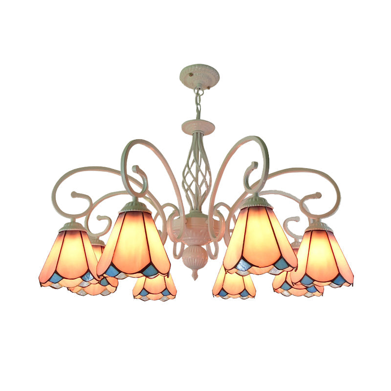 Arched Chandelier Lighting Fixture 5/6/8 Lights White/Blue Glass Tiffany Stylish Hanging Pendant for Bedroom Clearhalo 'Ceiling Lights' 'Chandeliers' 'Industrial' 'Middle Century Chandeliers' 'Tiffany Chandeliers' 'Tiffany close to ceiling' 'Tiffany' Lighting' 331463