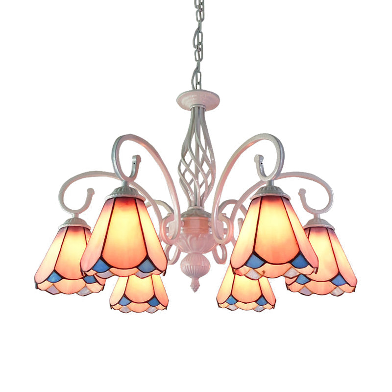 Arched Chandelier Lighting Fixture 5/6/8 Lights White/Blue Glass Tiffany Stylish Hanging Pendant for Bedroom Clearhalo 'Ceiling Lights' 'Chandeliers' 'Industrial' 'Middle Century Chandeliers' 'Tiffany Chandeliers' 'Tiffany close to ceiling' 'Tiffany' Lighting' 331467