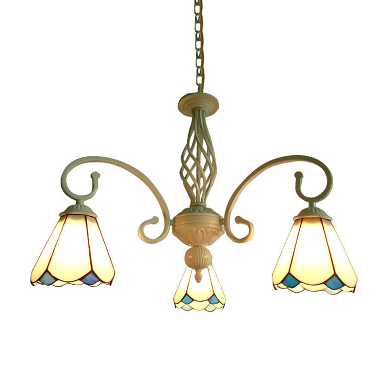 Arched Chandelier Lighting Fixture 5/6/8 Lights White/Blue Glass Tiffany Stylish Hanging Pendant for Bedroom Clearhalo 'Ceiling Lights' 'Chandeliers' 'Industrial' 'Middle Century Chandeliers' 'Tiffany Chandeliers' 'Tiffany close to ceiling' 'Tiffany' Lighting' 331473