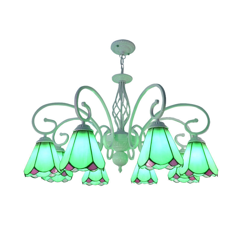 Arched Chandelier Lighting Fixture 5/6/8 Lights White/Blue Glass Tiffany Stylish Hanging Pendant for Bedroom 8 Blue Clearhalo 'Ceiling Lights' 'Chandeliers' 'Industrial' 'Middle Century Chandeliers' 'Tiffany Chandeliers' 'Tiffany close to ceiling' 'Tiffany' Lighting' 331475