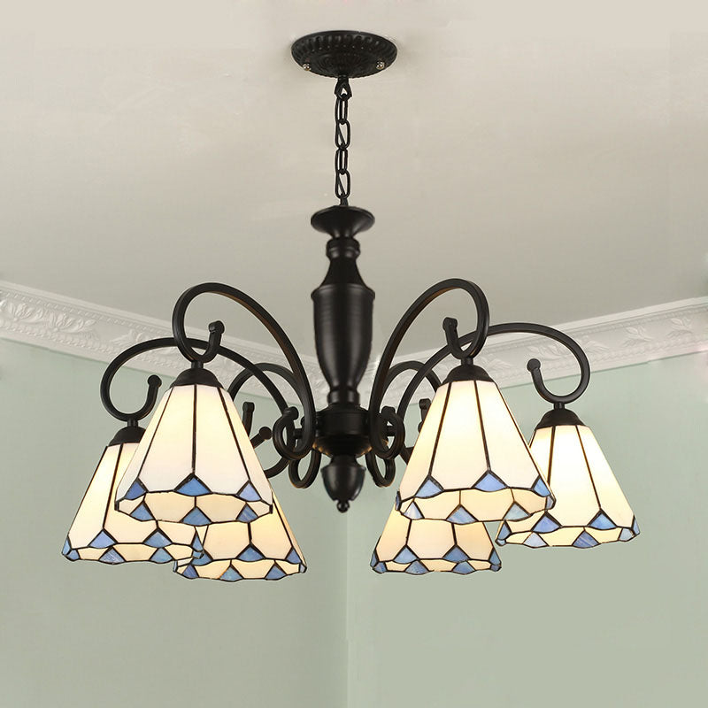 6 Lights Conical/Domed Chandelier Pendant Light Baroque White/Sky Blue/Dark Blue Glass Suspension Lighting for Bedroom Clearhalo 'Ceiling Lights' 'Chandeliers' 'Industrial' 'Middle Century Chandeliers' 'Tiffany Chandeliers' 'Tiffany close to ceiling' 'Tiffany' Lighting' 331490