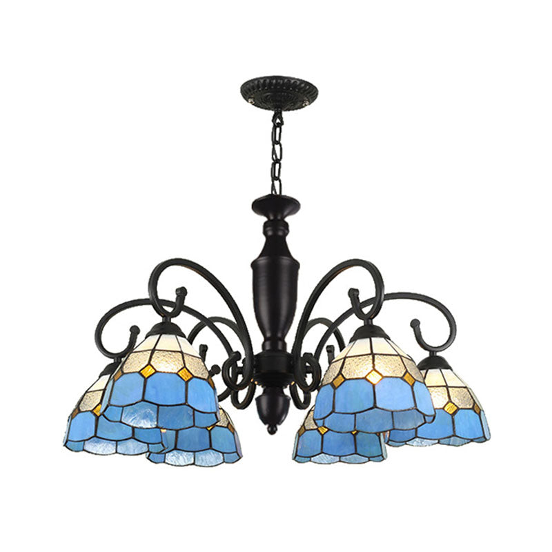 6 Lights Conical/Domed Chandelier Pendant Light Baroque White/Sky Blue/Dark Blue Glass Suspension Lighting for Bedroom Clearhalo 'Ceiling Lights' 'Chandeliers' 'Industrial' 'Middle Century Chandeliers' 'Tiffany Chandeliers' 'Tiffany close to ceiling' 'Tiffany' Lighting' 331498