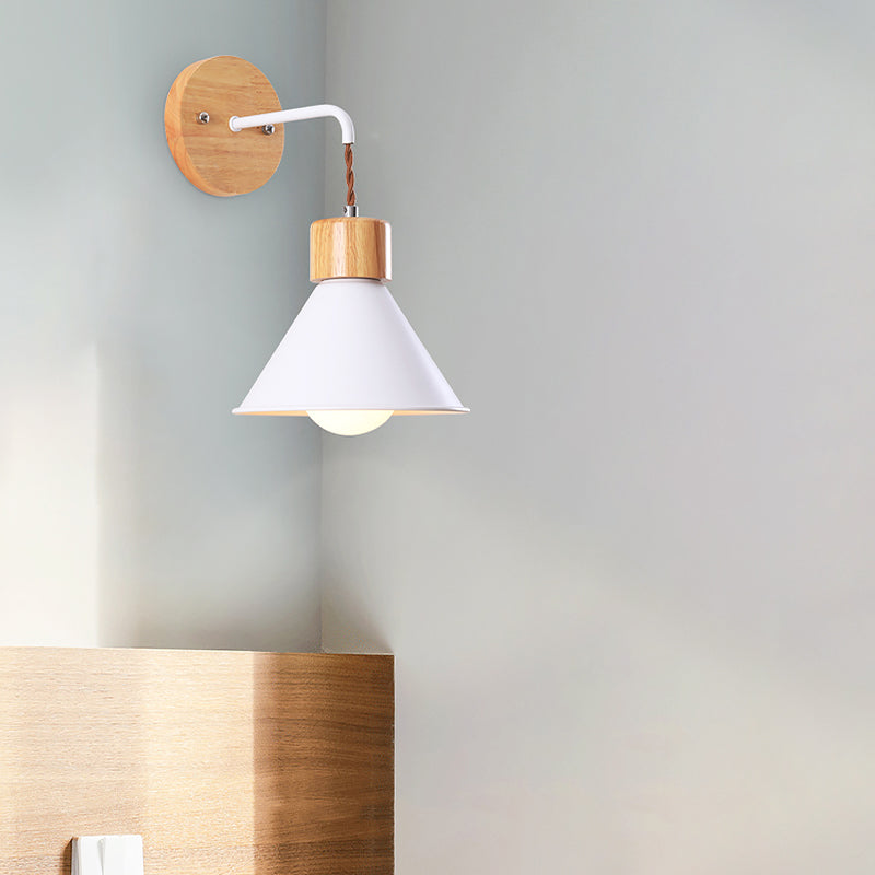 Cone Shade Metallic Wall Sconce Nordic Stylish 1 Light Blue/Pink/White Wall Mount Light with Wooden Cap Clearhalo 'Art deco wall lights' 'Cast Iron' 'Glass' 'Industrial wall lights' 'Industrial' 'Middle century wall lights' 'Modern' 'Rustic wall lights' 'Tiffany' 'Traditional wall lights' 'Wall Lamps & Sconces' 'Wall Lights' Lighting' 331581